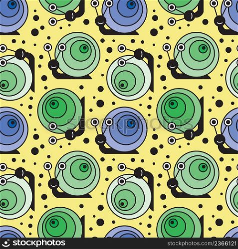Funny cartoon snail seamless pattern on yellow background. Vector illustration.