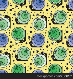Funny cartoon snail seamless pattern on yellow background. Vector illustration.