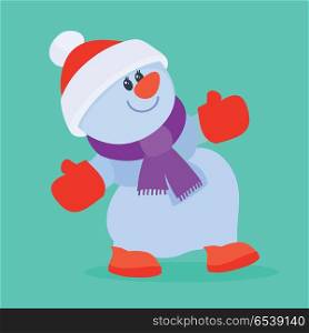 Funny cartoon snowman icon. Cute dancing snowman character isolated flat vector illustration. Celebrating Merry Christmas and Happy New Year concept. For Christmas greeting card, holiday invitations. Funny Cartoon Snowman Flat Vector Icon. Funny Cartoon Snowman Flat Vector Icon