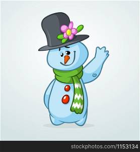 Funny cartoon snowman waving. Christmas snowman character illustration isolated