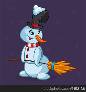Funny cartoon snowman wearing hat and broom. Christmas snowman character illustration outlined and isolated