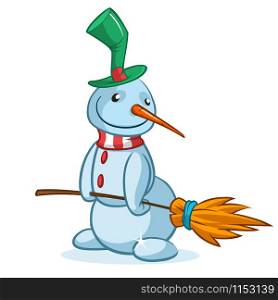 Funny cartoon snowman wearing hat and broom. Christmas snowman character illustration outlined and isolated