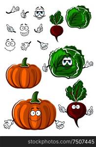 Funny cartoon squash, cabbage and beet vegetables isolated on white background. For agriculture or vegetarian food design. Funny cartoon isolated fresh veggies