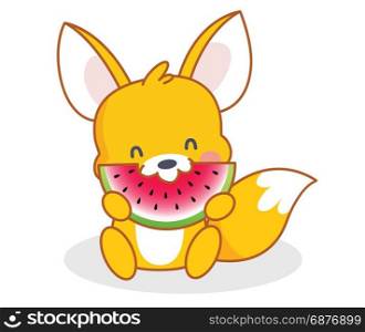 funny cartoon squirrel is eating watermelon