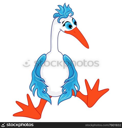 Funny cartoon stork sitting wearily, hand drawing vector illustration