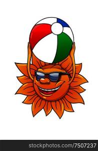 Funny cartoon summer sun in sunglasses and with ball in hands, for leisure or travel concept design. Funny summer sun with ball