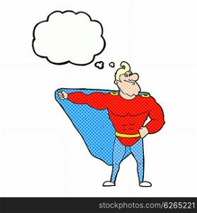 funny cartoon superhero with thought bubble