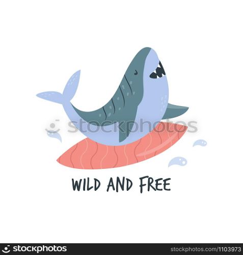 Funny cartoon surfing shark in a flat style. Vector hand drawn illustration. Animal character design. Funny cartoon surfing shark in a flat style.