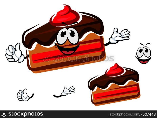 Funny cartoon sweet cake slice with little hands and face, isolated on white background. Cartoon cake piece with hands and face