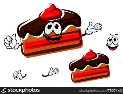 Funny cartoon sweet cake slice with little hands and face, isolated on white background. Cartoon cake piece with hands and face