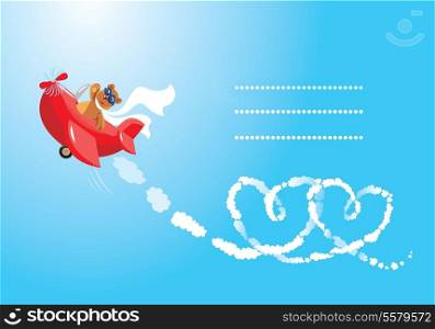 Funny cartoon. Teddy bear aviator in love. Pilot by the red plane draws hearts in the sky