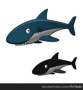 Funny cartoon toothy gray shark character with blue back and fins and open gills, for marine theme design. Cartoon toothy gray shark character