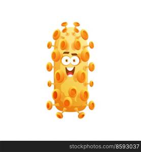 Funny cartoon virus character, microbe or bacteria pathogen cell, vector cute personage. Smiling happy virus of flu or disease germ, medicine and health icon for viral and antibacterial protection. Funny cartoon virus character, microbe or bacteria