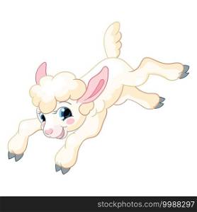 Funny cartoon white jumping lamb. Cute animal. Vector illustration isolated on white background. For card, poster, design, greeting, stickers, room decor, t-shirt, kids apparel, invitation, book. Little cute funny white jumping lamb vector