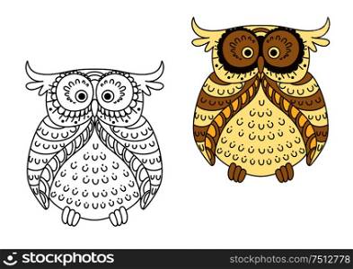 Funny cartoon yellow owl with brown striped wings and facial disk, for Halloween party or t-shirt design