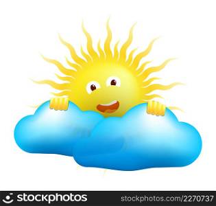 funny cartoon yellow summer sun peeks out from behind the clouds and smiling. Good warm summer weather, great mood. Vector isolated on white background