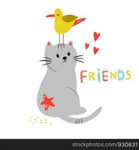 Funny cat and seagull friends. Friendship concept. Funny illustration with lettering text. Isolated scandinavian cartoon. Funny cat and seagull friends. Friendship concept