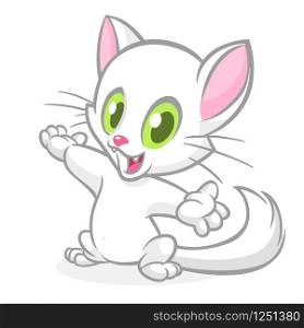 Funny cat cartoon waving with funny exciting expression. Vector illustration