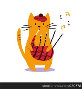 Funny cat playing bagpipe. Vector illustration. Character design. Pet collection. Funny cat playing bagpipe. Vector illustration