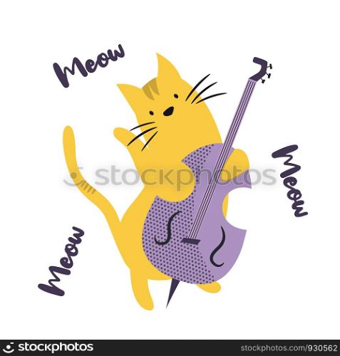 Funny cat playing contrabass. Vector illustration. Character design. Pet collection. Funny cat playing contrabass. Vector illustration