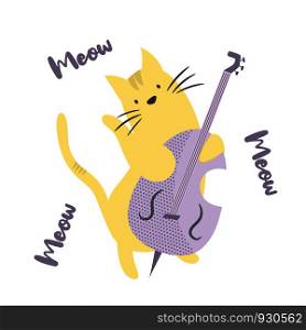Funny cat playing contrabass. Vector illustration. Character design. Pet collection. Funny cat playing contrabass. Vector illustration
