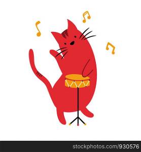 Funny cat playing the drums. Vector illustration. Character design. Pet collection. Funny cat playing the drums. Vector illustration