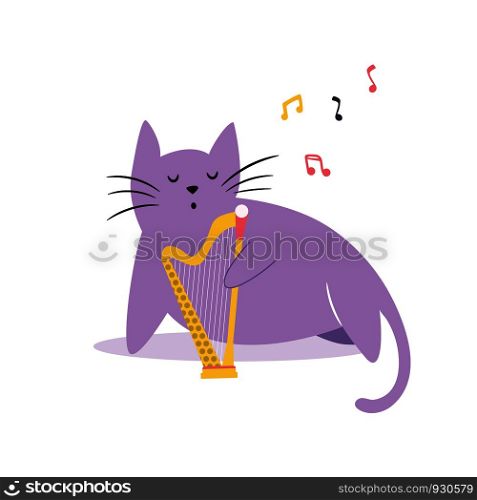 Funny cat playing the harp. Vector illustration. Character design. Pet collection. Funny cat playing the harp. Vector illustration