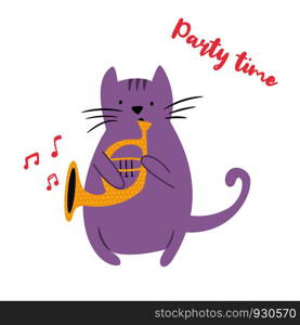 Funny cat playing the horn. Vector illustration. Character design. Pet collection. Funny cat playing horn. Vector illustration