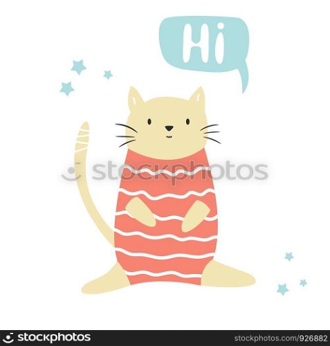 Funny cat sitting in a swimming costume. Isolated scandinavian cartoon