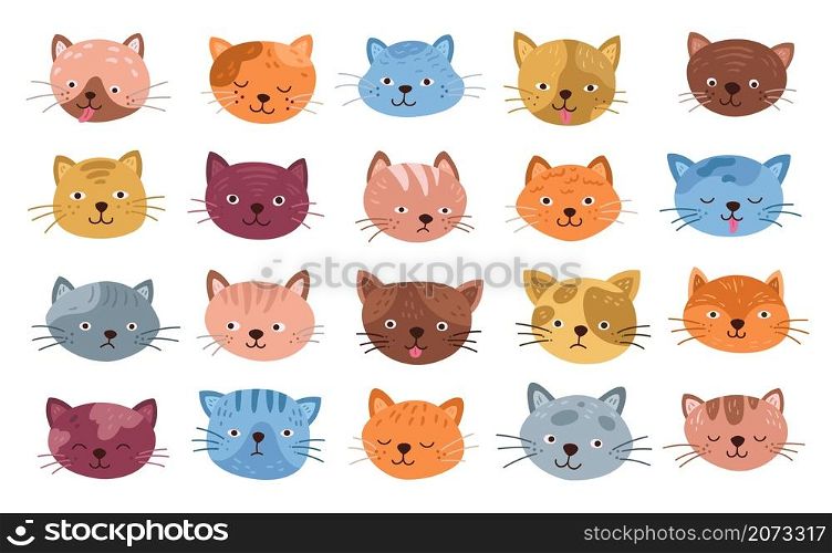 Funny cats faces. Isolated cat head, cute kitten cartoon smiles. Flat little pets expressive emoji, happy emotions of animals exact vector set. Illustration kitten pet, animal cute head. Funny cats faces. Isolated cat head, cute kitten cartoon smiles. Flat little pets expressive emoji, happy emotions of animals exact vector set