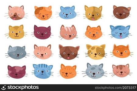 Funny cats faces. Isolated cat head, cute kitten cartoon smiles. Flat little pets expressive emoji, happy emotions of animals exact vector set. Illustration kitten pet, animal cute head. Funny cats faces. Isolated cat head, cute kitten cartoon smiles. Flat little pets expressive emoji, happy emotions of animals exact vector set