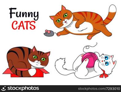 Funny cats sleeping in red box, playing with grey mouse, cute kitten and woolen thread ball vector illustration of feline animals dedicated to cat day. Funny Cats Sleeping in Red Box Playing Grey Mouse