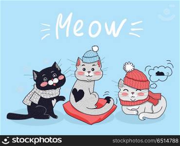 Funny cats vector concept. Flat Design. Three cute black and grey cats in scarfs and warm hats sitting, lying and dreaming about mouse on blue background with meow text. Winter clothes for pets . Funny Cats Vector Concept in Flat Design. Funny Cats Vector Concept in Flat Design
