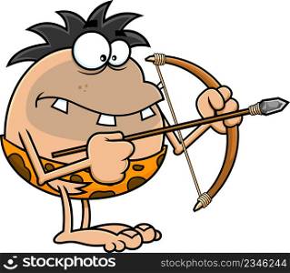 Funny Caveman Cartoon Character Making Bow And Arrow. Vector Hand Drawn Illustration Isolated On White Background