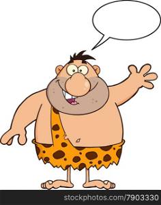 Funny Caveman Cartoon Character Waving With Speech Bubble