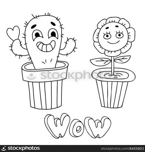 Funny character flowerpot. Groovy element funky flower power and cactus with heart in pot. Vector illustration retro style. Linear hand doodle. Comic element for design and decor, print, card