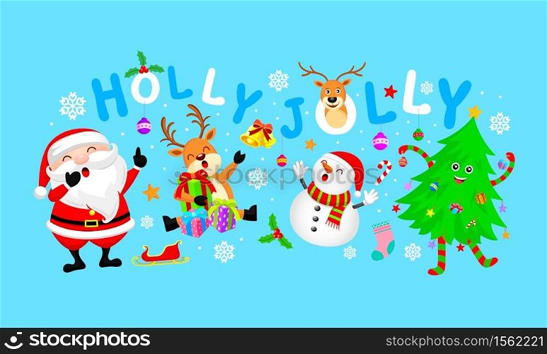 Funny Characters design with Christmas elements. Santa Claus, Snowman, Christmas tree and Reindeer. Holly jolly, Merry Christmas and Happy new year concept. Illustration isolated on blue background.