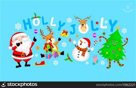Funny Characters design with Christmas elements. Santa Claus, Snowman, Christmas tree and Reindeer. Holly jolly, Merry Christmas and Happy new year concept. Illustration isolated on blue background.