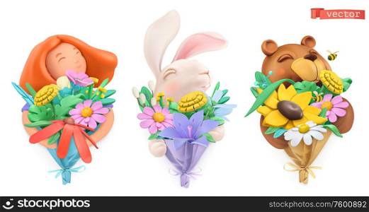 Funny characters with bouquet of flowers. Girl, easter bunny, bear. Plasticine art objects. 3d vector icon set