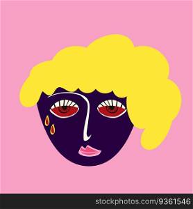 Funny charming cute female sad face. Illustration in a modern hand-drawn childish style. charming cute female sad face. Illustration in a modern hand-drawn childish style