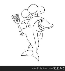 Funny chef shark cartoon characters vector illustration. For kids coloring book.