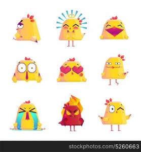 Funny Chicken Cartoon Character Icons Set. Funny chicken kids favorite cartoon character icons collection with happy love and smile images isolated vector illustration
