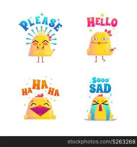 Funny Chicken Doodle Set. Chicken composition stickers collection of four isolated cartoon style character emoticons with artwork and text captions vector illustration