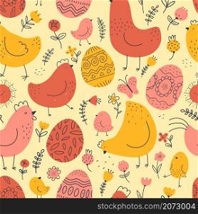 Funny chickens and decorative eggs. Seamless pattern, childish holiday prints, easter symbols, farm birds with plants flowers, doodle style, Decor textile, wrapping paper wallpaper, vector background. Funny chickens and decorative eggs. Seamless pattern, childish holiday prints, easter symbols, farm birds with plants flowers, doodle style, Decor textile, wrapping paper, vector background