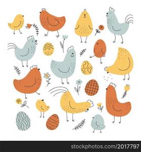 Funny chickens. Domestic birds with eggs and flowers, easter holiday symbols, roosters and hens, comic poultry yard characters, doodle domestic rural bird, vector cute cartoon flat style isolated set. Funny chickens. Domestic birds with eggs and flowers, easter holiday symbols, roosters and hens, comic poultry yard characters, doodle domestic rural bird, vector cartoon flat isolated set