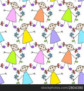Funny child drawing seamless pattern with little girls