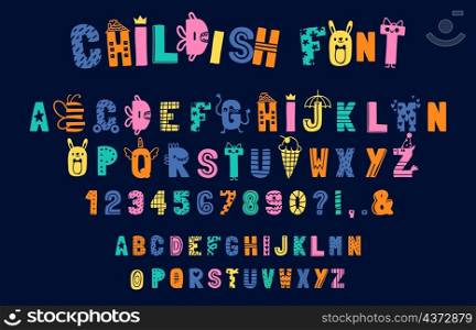 Funny childish alphabet, doodle creative font for kids. Playful english abc letters and numbers. Typography in scandinavian style vector set. Illustration of alphabet typography lettering. Funny childish alphabet, doodle creative font for kids. Playful english abc letters and numbers. Typography in scandinavian style vector set
