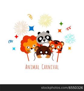 Funny Childish Animal Masks for Animal Carnival. Funny childish animal masks for carnival in flat style. Masks of exotic animals lion and tiger with panda bear. Vector illustration of masques for festivals and children holidays. Dress code for kids