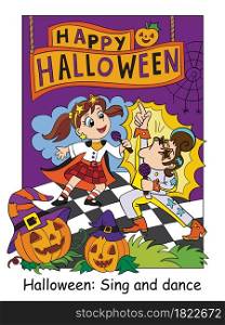 Funny children in costumes of retro singers sing on stage. Halloween concept. Cartoon vector illustration. Stock illustration for design, preschool education, decor, print and game.. Halloween illustration children in costumes of retro singers