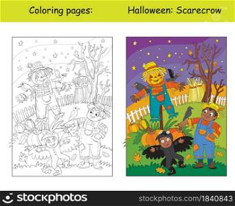 Funny children in costumes of scarecrow and crow. Halloween concept. Coloring book page for children with colorful template. Vector cartoon illustration. For print, decor, preschool education and game. Coloring and colorful Halloween children and scarecrow